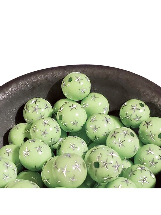 Other - 10 Vintage Retro Lime Green Silver Stars 12mm Round Acrylic Shabby Beads